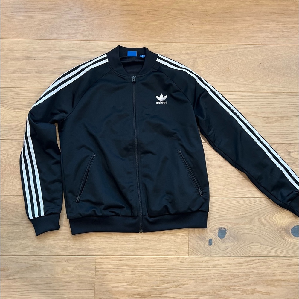 Adidas zip up jacket size M like new black with white stripes